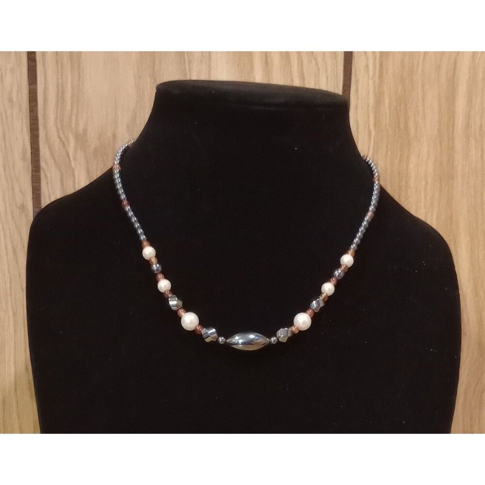 Hematite Faux Pearl Orange Beaded Silver Tone 20" Lobster Clasp Necklace